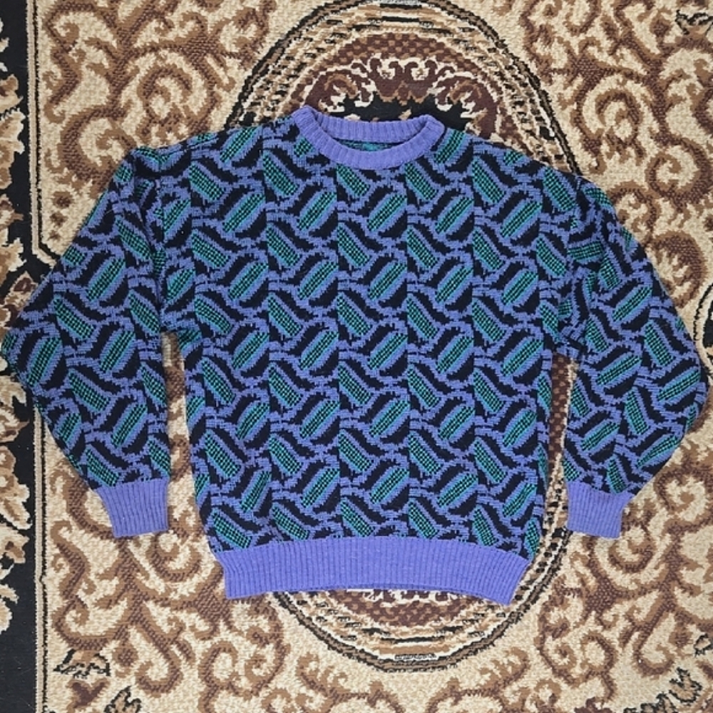 Vintage 90s Wacky Abstract Print Knit Sweater Purple Green Long Sleeve 1990s